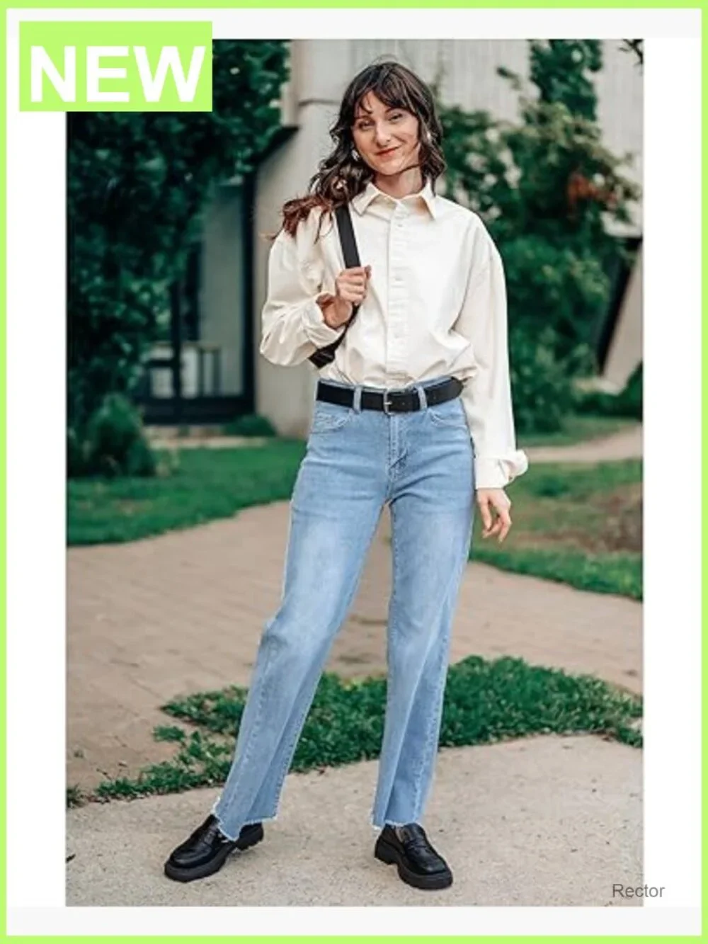 High Waisted Straight Leg Jeans Stretchy Frayed Hem Casual Denim Pants - Picture 5 of 7